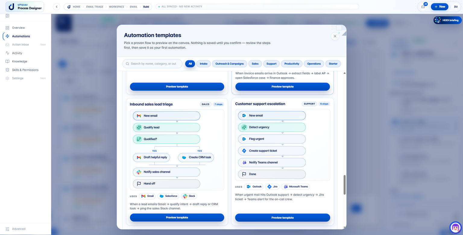 Email Automation automation template gallery with inbound sales and support workflow previews