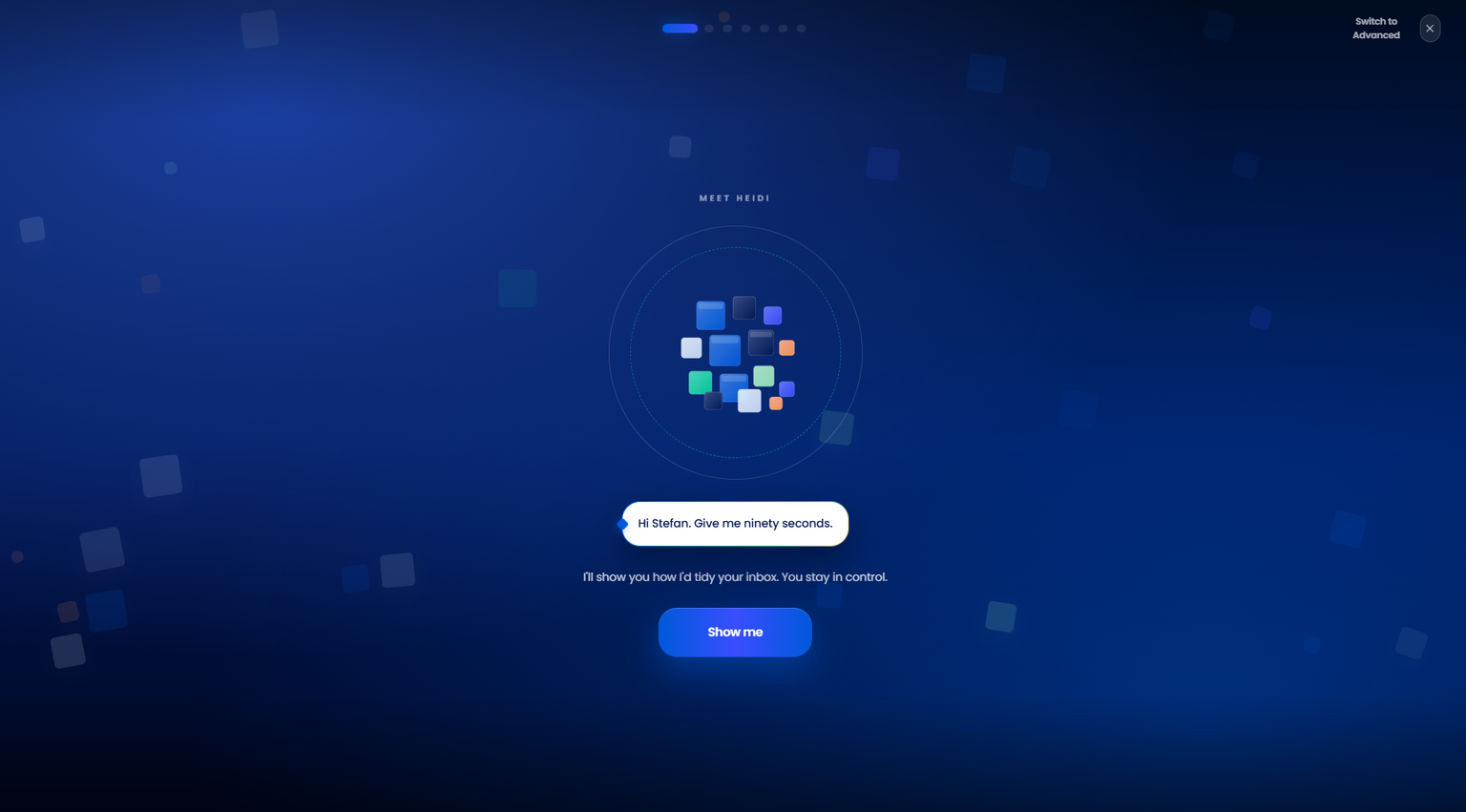 Email Automation ninety-second setup intro screen with Meet HEIDI welcome