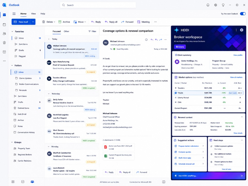 HEIDI broker workspace in Outlook comparing carrier market options, renewal context, and client reply drafts