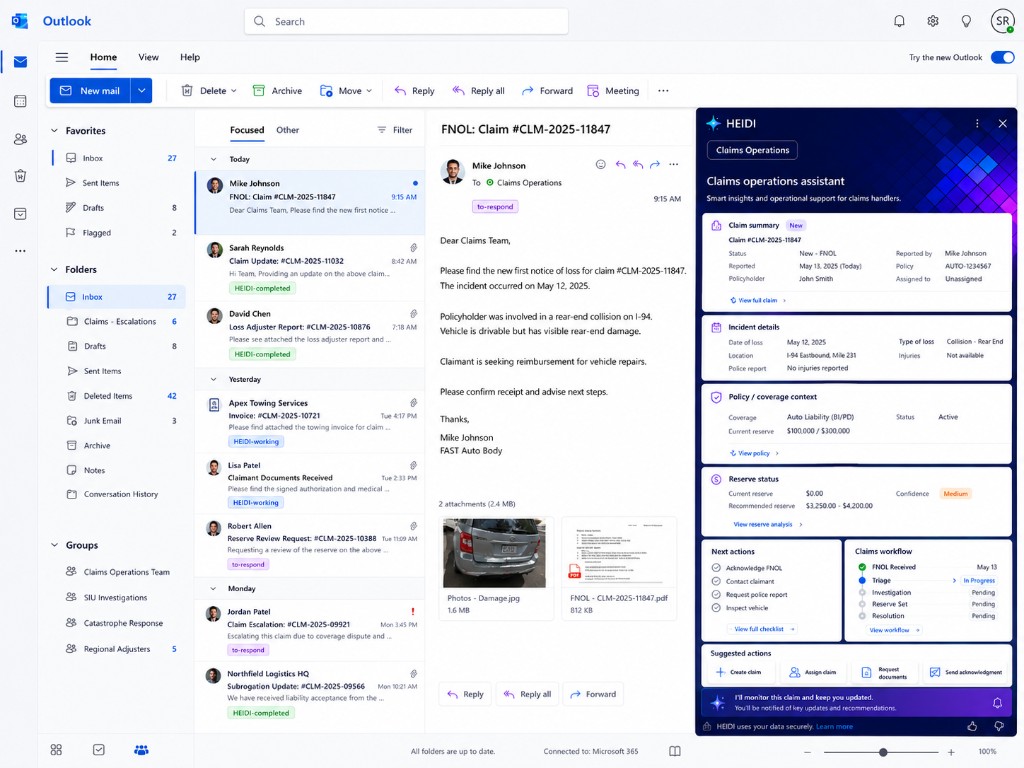 HEIDI claims operations assistant in Outlook triaging an FNOL with incident details, reserve recommendation, and claims workflow