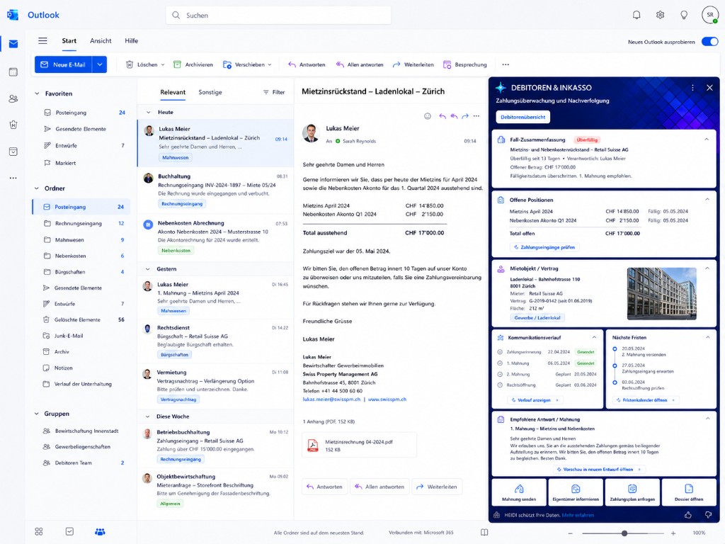 HEIDI accounts receivable assistant in Outlook for rent arrears with open positions, property contract context, and reminder draft