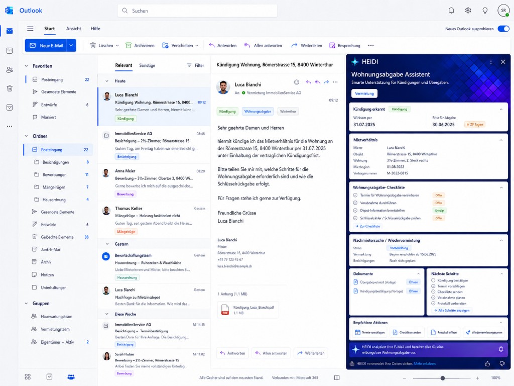 HEIDI apartment handover assistant in Outlook detecting lease termination with tenancy details, handover checklist, and next steps