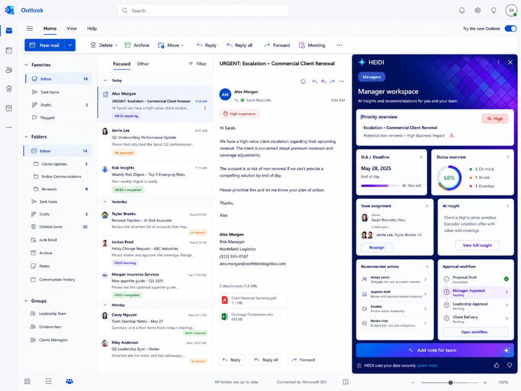 HEIDI manager workspace in Outlook for a commercial client renewal escalation with SLA, team assignment, and approval workflow