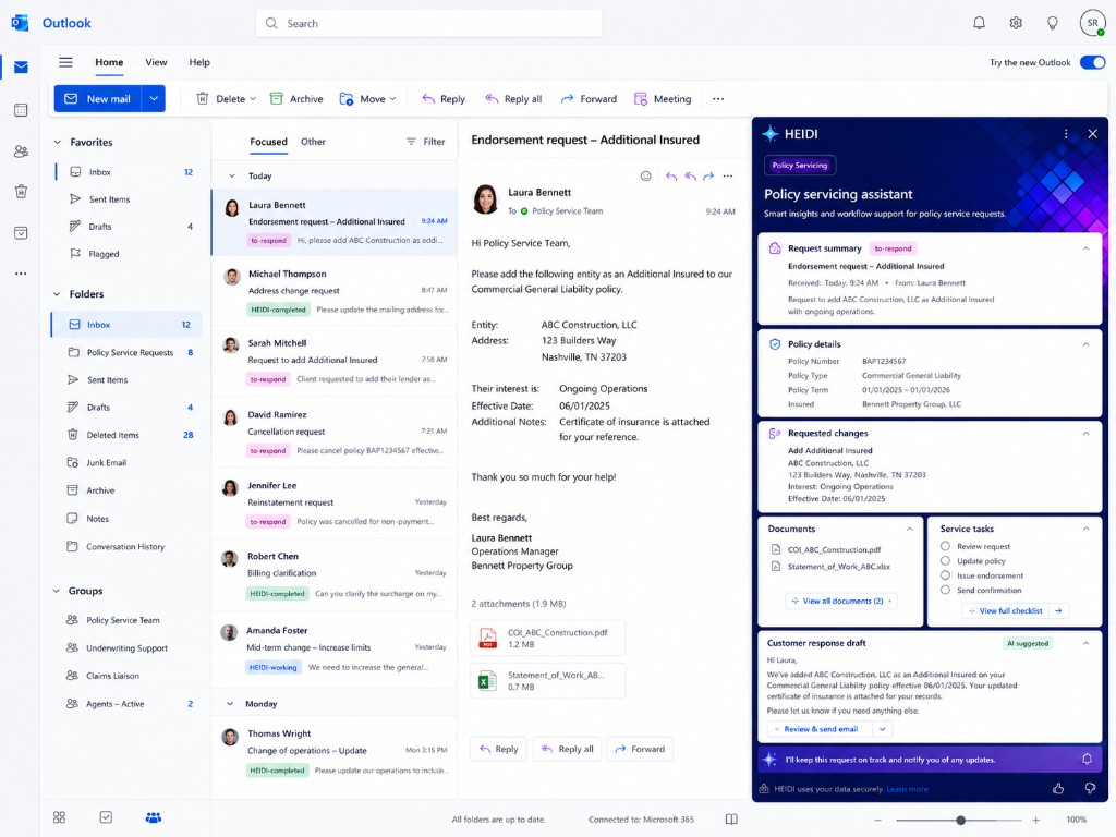 HEIDI policy servicing assistant in Outlook for an additional insured endorsement with policy details and AI response draft