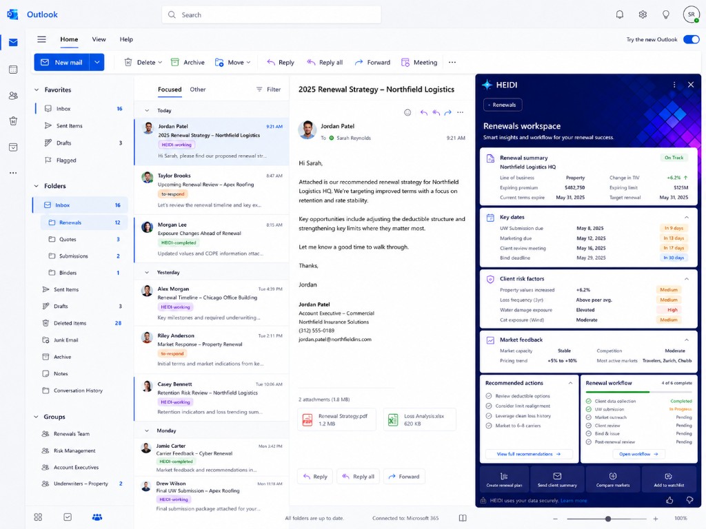 HEIDI renewals workspace in Outlook tracking corporate property renewal deadlines, risk factors, and market feedback