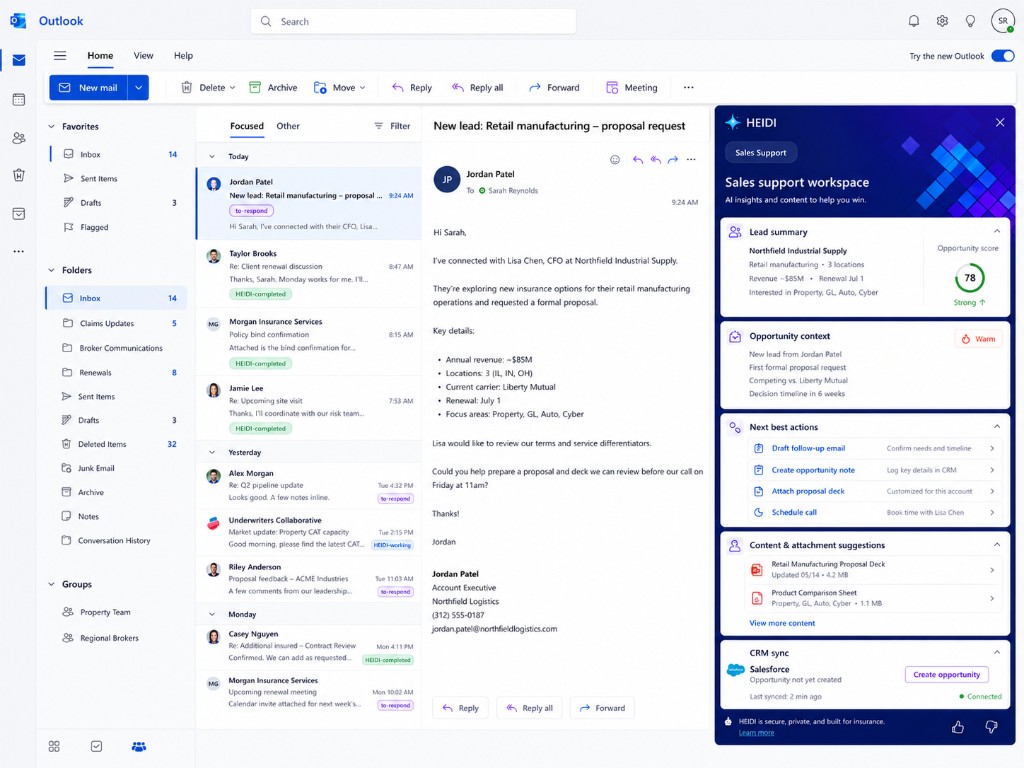 HEIDI sales support workspace in Outlook scoring a manufacturing lead, CRM sync, and next-best sales actions