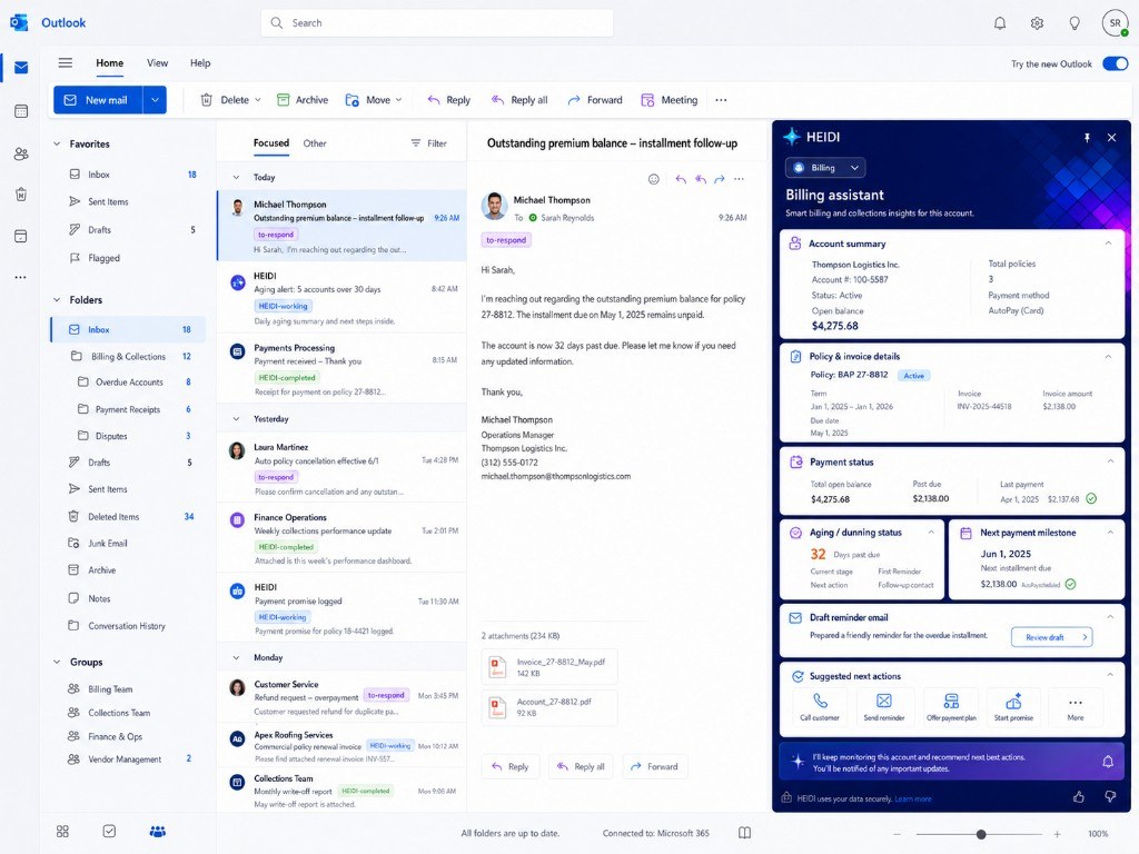 HEIDI billing assistant in Outlook surfacing past-due installments with policy context, aging status, and payment follow-up draft