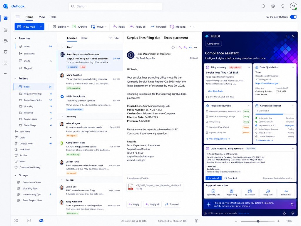HEIDI compliance assistant in Outlook triaging a surplus lines filing with jurisdiction, required documents, checklist progress, and filing reminder draft