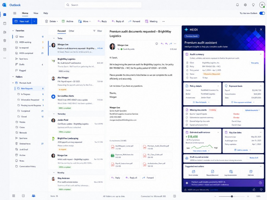 HEIDI premium audit assistant in Outlook tracking audit document requests with missing files, exposure basis, and insured reminder draft