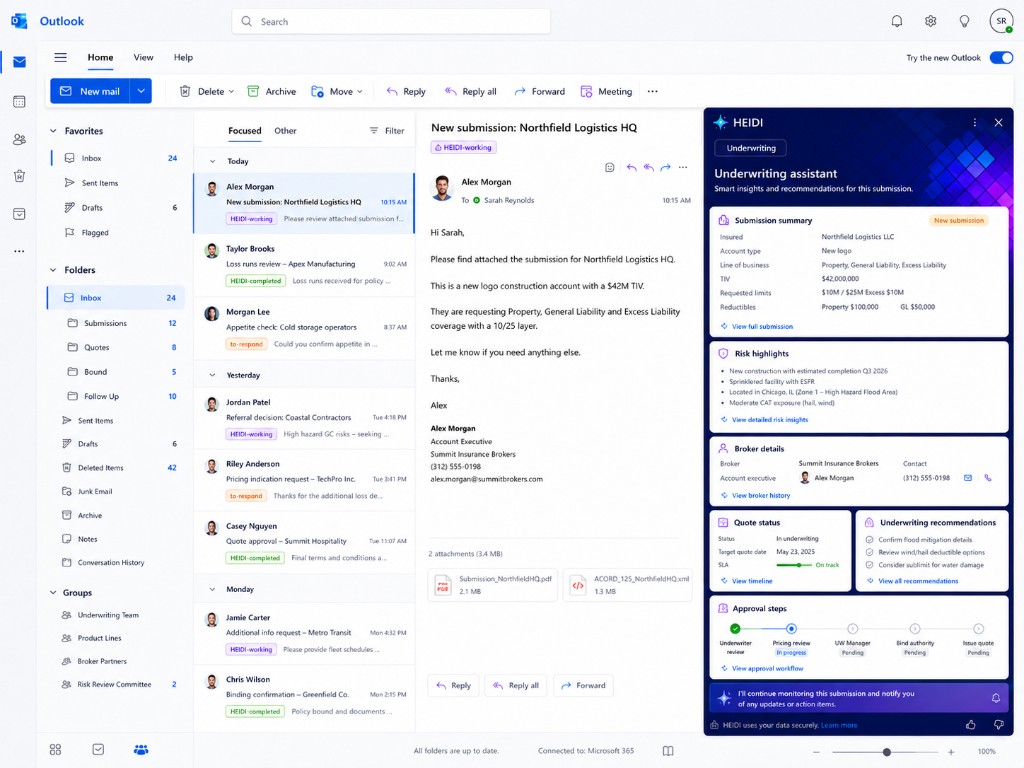 HEIDI underwriting assistant in Outlook summarizing a new commercial submission with TIV, risk highlights, and approval steps