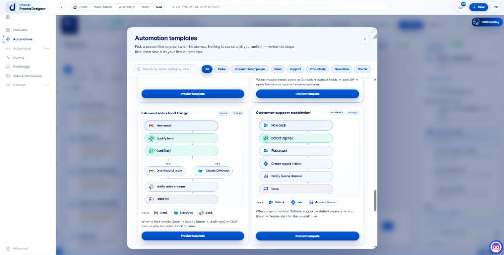 HEIDI Workspace automation template gallery with inbound sales and support workflow previews
