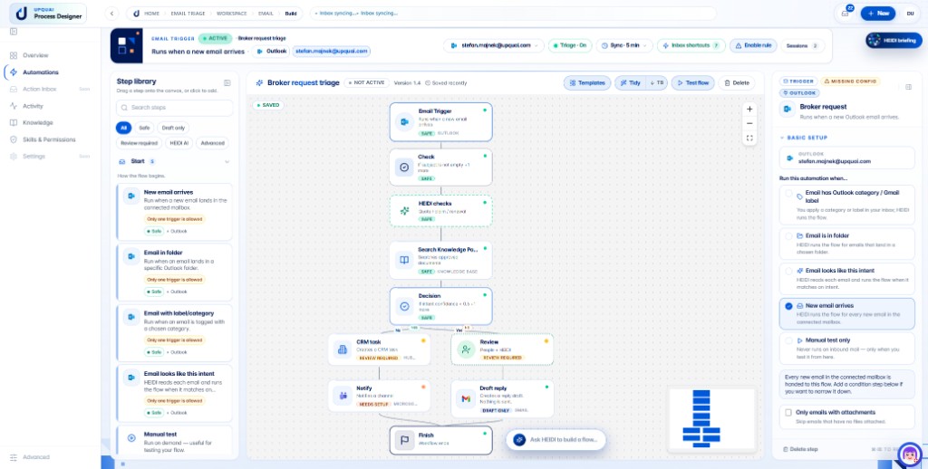 HEIDI Workspace visual flow builder showing a broker request triage automation
