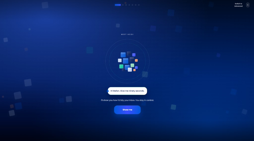 HEIDI Workspace ninety-second setup intro screen with Meet HEIDI welcome